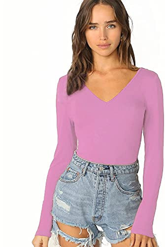 Women's Ladies Long Sleeve V Neck Basic Top Jersey Plain Stretchy Slim Fit Casual Wear T-Shirt Tee Tops 20-22 Baby Pink