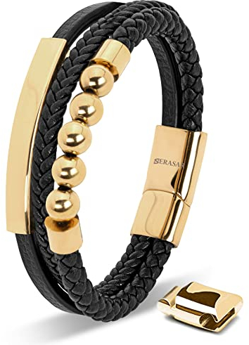SERASAR Herren Accessoires 17cm Gold Armband Leder Armreif Lederband Herrenarmreif Armschmuck Schmuck Herrenschmuck Armkette Flecht Wickelarmband Kette Bracelet