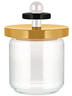 Alessi ES16/75 1 Twergi Küchendose aus Glas mit abgedichtetem Deckel aus Lindenholz, 100 Values Collection, Steel, Gelb, Weiß, Schwarz