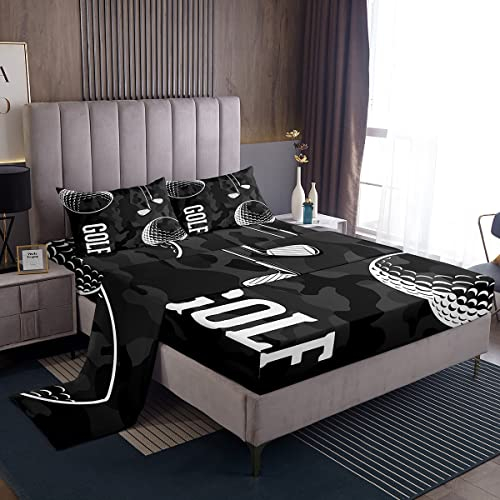 Erosebridal Golf-Druck-Bettlaken-Set, schwarz, Camouflage-Bettlaken, Queen-Size-Bett, Kinder, Jungen, Teenager, Camouflage-Bettlaken, Sport-Themen-Spannbetttuch, Golfbälle, Gaming-Bettlaken,
