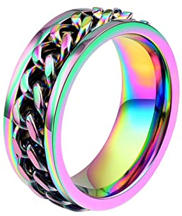 KnBoB 8MM Ringe aus Edelstahl, Bunt Regenbogen Panzerkette Spinner Ring Fidget Ring für Herren Größe 54 (17.2)