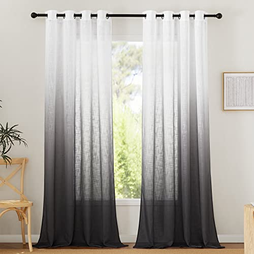 PONY DANCE Gardinen Leinenoptik Halbtransparent Vorhänge Wohnzimmer 2er Set H 245 x B 140 cm Farbverlauf Gardine mit Ösen Leinen Vorhang Schwarz Schlafzimmer