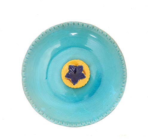 Voltogar Vogeltränke aus Keramik für den Außenbereich, Vogeltränke mit Vintage-Dekoration für Garten und Terrasse, blaue Vogeltränke, gelbe Blume, 31,1 cm