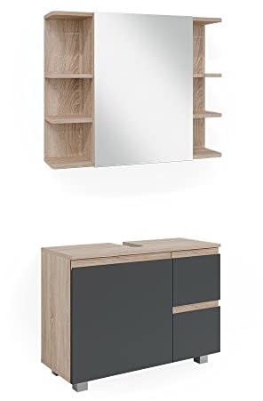 Vicco Badmöbel-Set J-Shape, Badezimmerschrank-Set, Sonoma/Anthrazit, 2 Teile