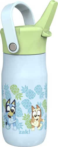 Zak Designs Harmony Bluey Kid Water Bottle for Travel or at Home, 14oz Recycled Stainless Steel is Leak-Proof and Vacuum Insulated (Bluey, Bingo, Muffin), Bluey, Small