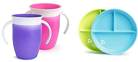 Munchkin Tasse d’Apprentissage Miracle 360, Gobelet Bébé, Tasse Enfant sans BPA avec Poignées - 207 ml, Lot de 2, Rose/Violet & Assiettes à Compartiments Stay Put - Bleu/Vert, Lot de 2