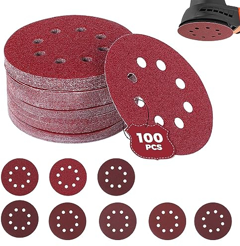 100 Pezzi Dischi Abrasivi 125mm,8 Fori Rotondi Carta Vetrata Abrasiva,40/60/80/120/180/240/320/400 Graniglie