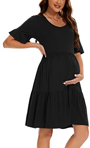 Smallshow Femme Robe Grossesse Manches Courtes Robe de Maternité Black L
