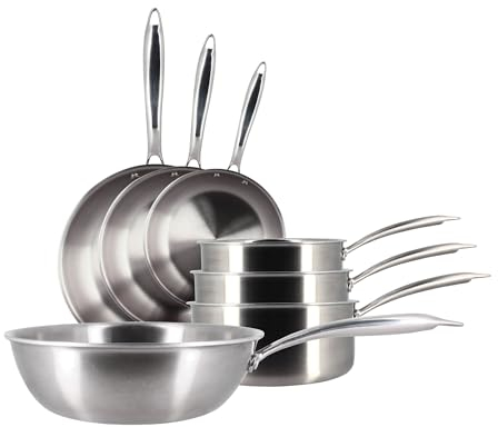MENASTYL - Batterie de cuisine 7 pièces inox 18/10 Triply tous feux dont induction fabriquée en France sans PFAS - Compatible lave-vaisselle - 3 poêles, 3 casseroles, 1 wok - Poignée rivetée - 6014203
