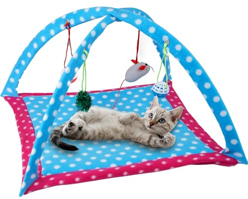Tofern Multi-Function Pet Kitten Cat Interactive Activity Soft Fleece Folding Toy Mat Bed Hammock Tent With Hanging Mouse Bell Balls (Polka dots)