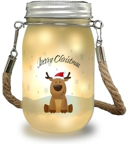 Rentier im Schnee Solarlicht mit Spruch Merry Christmas ein weihnachtliches Dekolicht für die Wintermonate Weihnachtsdeko Einmachglas Schneelandschaft Dekolampe Weihnachten Lampe