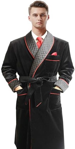 Apornipal Lange Samt-Smokingjacke für Herren mit Gürtel, Schal, Revers, Smoking Robe, gesteppter Morgenmantel, Schwarz, 42