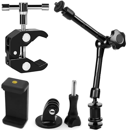 Magic Arm – 11 Zoll Metall Verstellbarer Gelenkarm Magic Arm with 1/4 and 3/8 Thread Superklemme, Telefonclip und Stativ Halterung Adapter für Action Kamera/DSLR/LED-Licht/Blitz/LCD