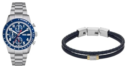 Fossil Herrenuhr Sport Tourer Silber Edelstahl und Armband Jewelry Blaues Leder, Set