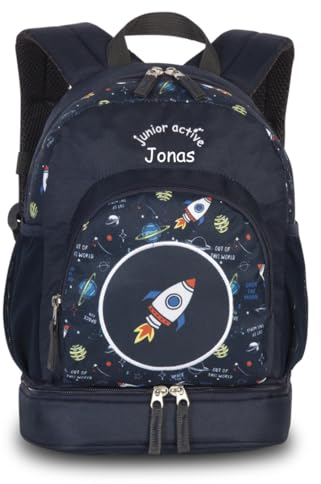 minimutz Kinderrucksack Jungen Mädchen - Personalisiert mit Namen - Freizeitrucksack Wanderrucksack Kinder - Rakete in dunkelblau - mit Bodenfach Schuhfach