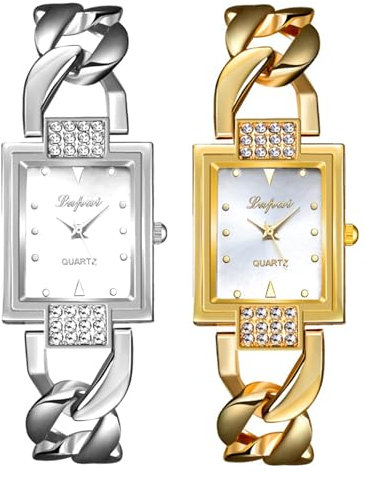 JewelryWe Damenuhr Glitzer Rechteckig Uhr: 2 Stück Damen Elegant Strass Analog Quarz Armbanduhr Frauen Panzerkette Metallarmband Lässige Uhren mit Eckigem Zifferblatt