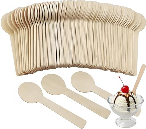 TANGTEA 200 Pack Mini Wooden Spoons (4 Inch) – Wooden Ice Cream & Dessert Spoons – Disposable Birchwood Tasters for Gelato, Yogurt, Crafts – Splinter-Free, Biodegradable Cutlery