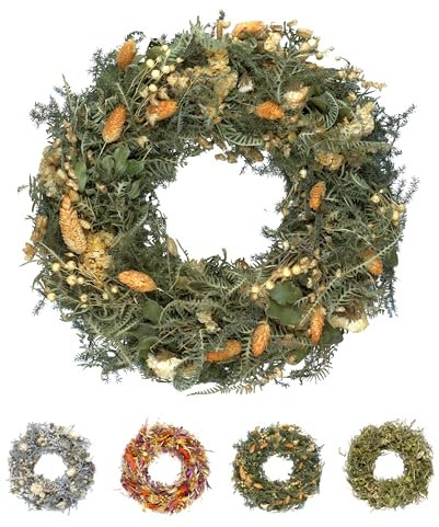 PHILARO Trockenblumenkranz All Seasons Ø 29cm grün/orange - kein Plastik I Trockenblumen Premium Qualität aus Europa - Türkranz - Tischkranz - Wandkranz - Trockenblumenkranz