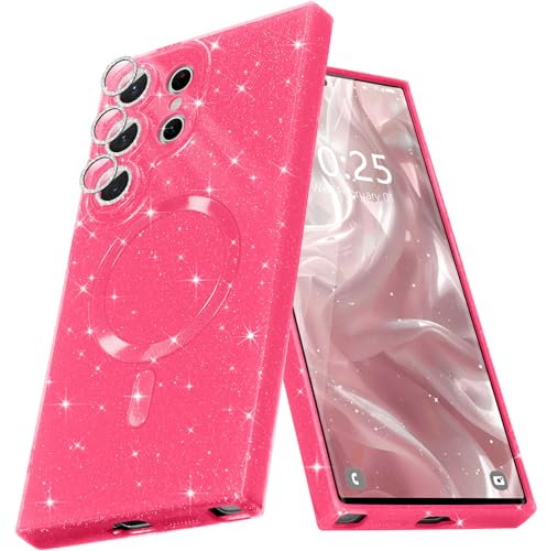 Micoden Coque Magnétique pour Samsung Galaxy S24 Ultra Etui à Paillette Brillant Compatible avec MagSafe Charge sans Fil Housse Protection Antichoc pour Appareil Photo Silicone TPU Souple,Rouge rosé