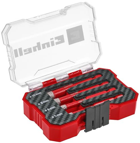 Original Einhell XS-CASE 4-Piece Diamond Tile Drill Bit Set (Dry Cut, 7 mm Diamond Setting, Paraffin Filling, Super-Thin Turbo Cutting Edge, E 6.3 Shank Incl. Storage Box)