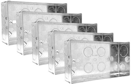 Evoges Double Metal Back Box, 35mm, 2 Gang, 1.0mm Thickness for Electrical Sockets Switches, BS4662 Standard, 20mm & 25mm Knockouts, Adjustable Lug, Brass Terminal (5)