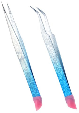 2Pcs Stainless Steel Nail Art Tweezers With Silicone Pressing Head for Eyelash Extensions, Sticker Craft, Rhinestone and Jewel Gem Picker - Ice Blue