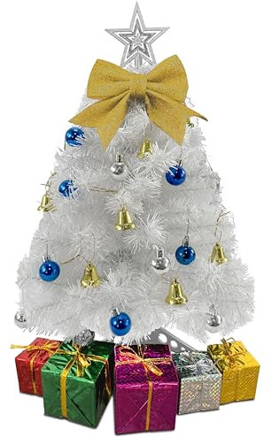 stargo Petit Sapin de Noël Blanc - Mini Sapin de Noël de Table de 60 cm avec Ornements Suspendus, nœud décoratif et boîtes Cadeaux - Arbre de Table pour décoration de Noël à Faire soi-même