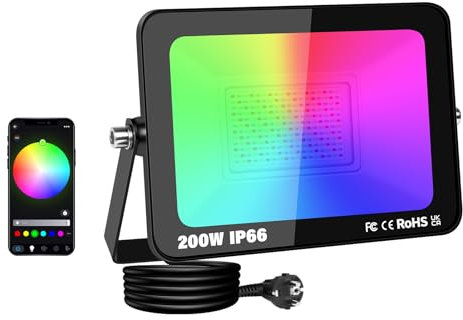 AUXTINGS Projecteur RGB Extérieur 200W, Spot de Couleur avec Application Bluetooth et Télécommande, IP66 Étanche Floodlight LED Changeant de Couleur, Lumière Led pour Jardins, Patios, Christmas