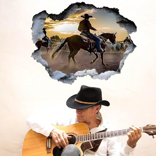 SUPERDANT 3D Wandtattoo Cowboy Auf Pferd Cowboy Bei Sonnenuntergang Wandsticker Für Wohnzimmer Wandaufkleber DIY Vinyl Wandsticker Kunstdekor Für Küche Restaurant Esszimmer Wanddekoration