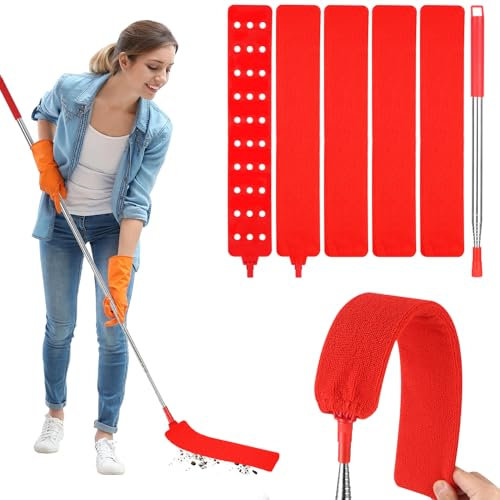 Bixury Ausziehbares Staubreinigungsartefakt,Retractable Gap Dust Cleaner Staubwedel Flach Dust Cleaner,mit Edelstahl Teleskop Stange und 4 Abwaschbaren Tüchern für Unter Sofa Schränke Bett (Rot)
