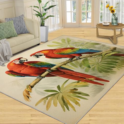 AUWUUA Alfombras de loro para sala de estar, alfombra de área de hoja de palma tropical de 240 x 330 cm, alfombras coloridas de pájaros para dormitorio, lavable, antideslizante, alfombra de piso para