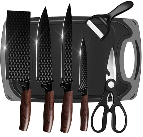 Küchenmesserset 7-teiliges mit Schneidbrett, Kochmesser & Brotmesser & Allzweckmesser, Inklusive 4 Messer, Schneidebrett, Schäler & Küchenschere - Ideal für tägliche Küchenarbeiten