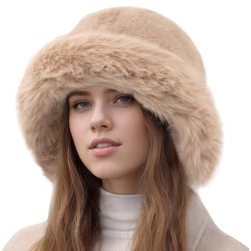 FEOYA Damen Winter Fischerhut Flauschige Kunstpelz Eimermütze Fluffy Bucket Hats Warm Pelzig Anglerhut Plüsch Breite Krempe Fellmütze
