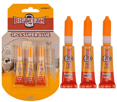 BIGTEETH All Purpose Super Glue 2g x 3 | Fast Drying Adhesive SuperGlue, Clear Glue for Plastic, Metal, Ceramics, Porcelains, Leather, Wood, Rubber
