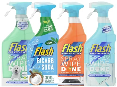 Flash Spray Wipe Done Cleaning Bundle 4 Pack | Bathroom Cleaner, Kitchen, Multi Purpose Surface Cleaner, Shower Spray | 800ml Each Powerful Household Cleaning Set