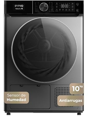 EVVO Secadora Bomba de Calor NATURE SR - Secadora Bomba Calor 10 kg, Eficiencia Energética E, Sensor de Humedad, Antiarrugas, 16 Programas, Inicio Diferido, Airfresh, Bajo Consumo Energético (Inox)