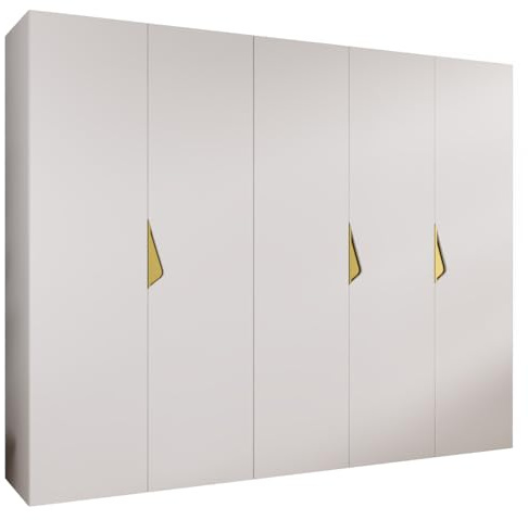 MEBLE KRYSPOL - Kleiderschrank - Garderobenschrank - 250 cm x 202 x 52 cm - Schrank mit Kleiderstange, 5 Türen - für Schlafzimmer, Flur - SANDI, Weiß, Griff Gold