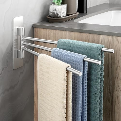 Dvocel Handtuchhalter ohne Bohren 3-armig Handtuchhalter Selbstklebend aus 304 Edelstahl Gebürstet 180° Schwenkbar Handtuchhalterung Wandmontage Handtuchstange für Bad und Küche, Silber