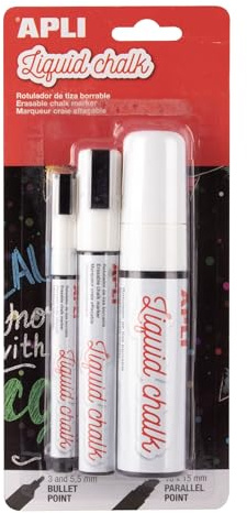 Apli 20104 - Marqueurs craie liquide blancs - Pack 3 pointes (3/5,5/15 mm) - Effaçables - Pour tableau noir, menus, verre et vitrines