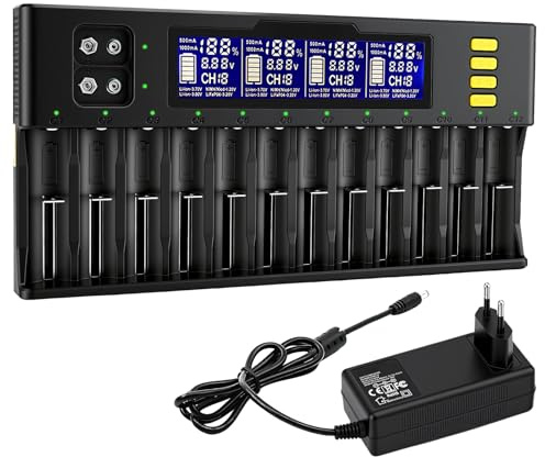 Caricabatterie Pile Ricaricabili Per 18650, 20700, 26650, 17500, 16340, 14500, Aa, Aaa, 9V, Ni-Mh,Caricabatteria Universale 12+2 Slot,Con Display Lcd,Molteplici Funzioni Di Protezione