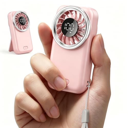 Otlonpe Mini Fan Handheld, Portable Pocket Fan USB Rechargeable, LED Display, 3-Speed, Slim and Lightweight, Folding Stand, Small Personal Hand Held Fans Summer Travel Essentials (Pink)