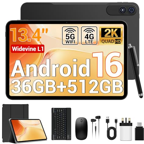 Tablet 13.4 Inch, Android 16, 36GB RAM 512GB ROM/TF 1TB, 120Hz, 2.2GHz Gaming Tablet, 4G LTE Dual SIM+5G WiFi, 1920x1200 IPS, Octa-Core Large Tablet, Widevine L1/GPS/11580mAh, Keyboard/Case/Pen Incl.