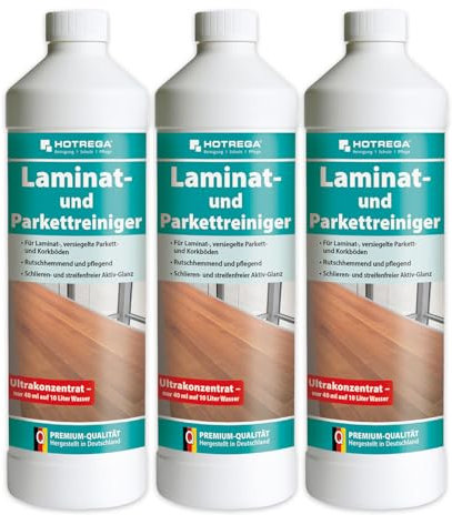 HOTREGA Laminatreiniger und Parkettreiniger 3x 1 Liter Konzentrat | Streifenfrei trocknende Wischpflege für Laminat, Parkett & Kork | Rutschhemmend