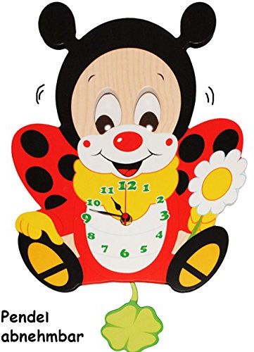 alles-meine.de GmbH Wanduhr - Uhr aus Holz - Marienkäfer mit Kleeblatt & Blume - 40 cm groß - sehr leise ! - Pendel abnehmbar - für Kinderzimmer & Wohnzimmer - Holzuhr - Tier..