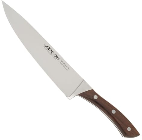 Arcos Cuchillo Chef Acero Inoxidable Nitrum y Hoja 200 mm. Cuchillo cocina profesional multipropósito. Mango ergonómico polioximetileno POM y madera palisandro. Serie Natura.