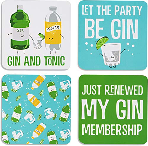 Pavilion Gift Company 74933 Gin & Tonic Sentiment, Muster- und Charakterhalter 10,2 cm, 4-teilig, Untersetzer-Set mit Box, quadratisch, mehrfarbig