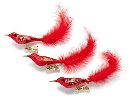 HEITMANN DECO Ornament Glas Vögel mit Federschwanz und Clip - traditioneller Christbaumschmuck aus Glas - 3er-Set Rot