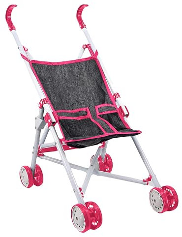 The Magic Toy Shop Pink & Black Dolls Stroller – Foldable Buggy with Safety Belt – Portable Pushchair for Baby Dolls up to 20” – Role Play Toys for Boys & Girls Aged 3 Years and Above