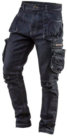 NEO TOOLS Pantalon de Travail en Denim 8 Poches pour Homme Taille XS à XXXL Coutures renforcées au Niveau des Genoux Mélange 98% Coton 2% élasthanne Poches Multifonctions Effet Cargo - Bleu - XXL