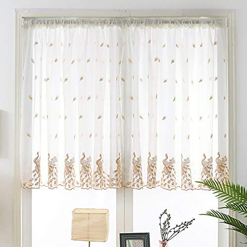 Devola Pastorale Art Scheibengardine Transparente Peacock-Muster Stickerei Bistrogardinen Cáfe Gardine Privatsphäre Fenstervorhang Kurzstores HxB 100x120cm Kaffee 1er Pack